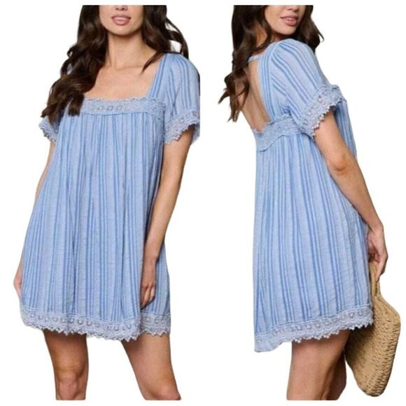 Inmod Lace Blue Striped Babydoll Tunic Mini Dress Size Small - Picture 1 of 9